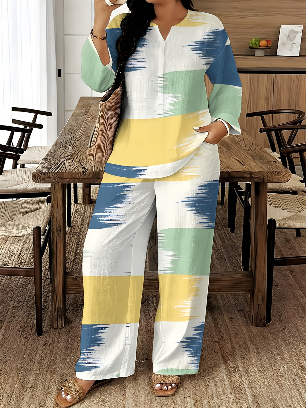 V-Neck Long Sleeve Printed Shirt Pants 2pcs Set Women Floral Digital Print Elastic Waist Casual Loungewear Spring Summer Two-Piece Outfit 15 Colors S-XXL