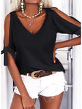 Women's Cold Shoulder Top Short Sleeve V-Neck Cutout Loose Casual Summer Blouse T-Shirt