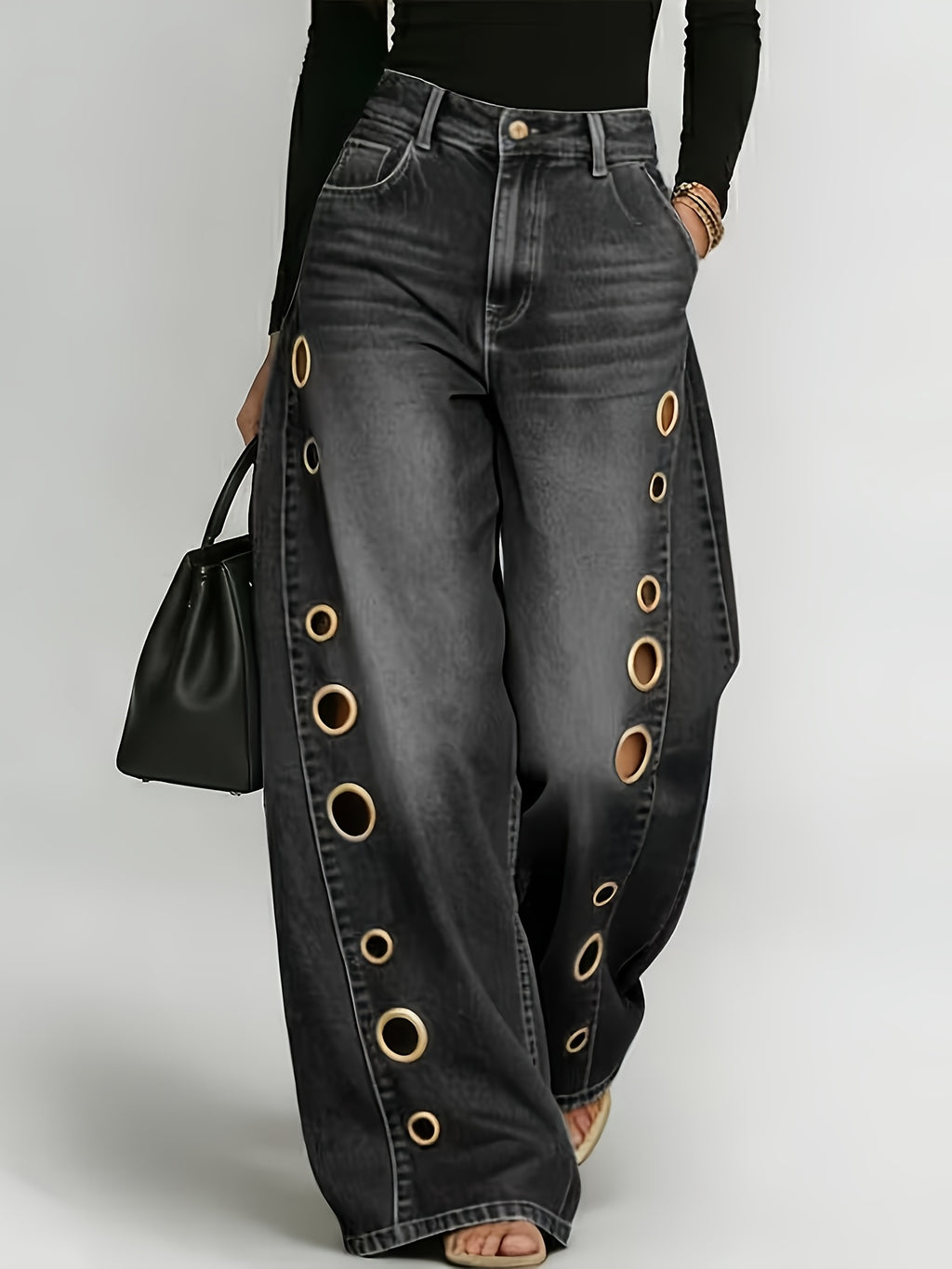 High Waist Wide Leg Jeans Women Retro Metal Eyelet Denim Pants Loose Casual Street Style Y2K Cool Streetwear