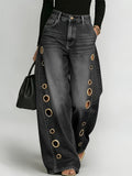 High Waist Wide Leg Jeans Women Retro Metal Eyelet Denim Pants Loose Casual Street Style Y2K Cool Streetwear