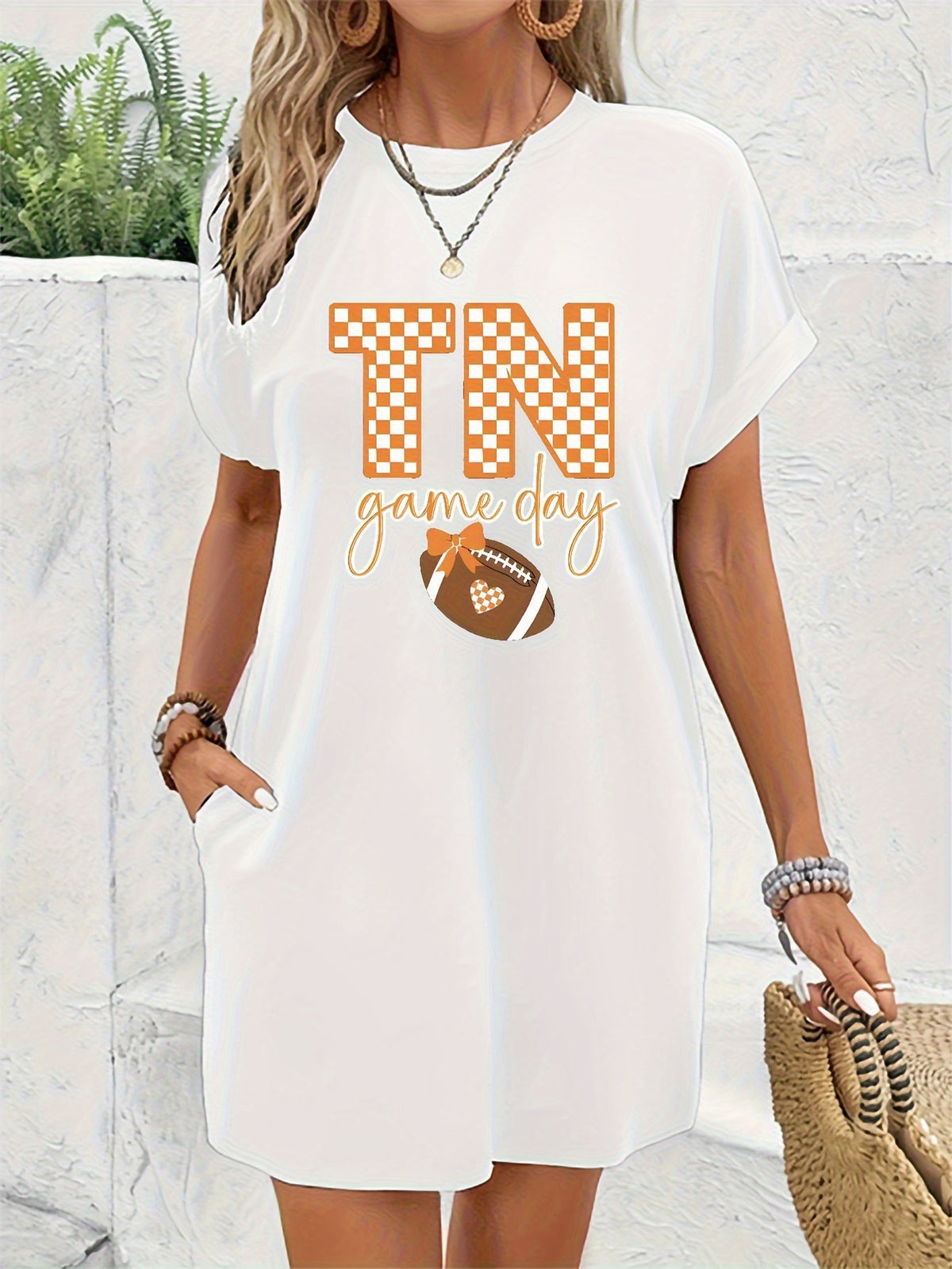 Tennessee Football Graphic T-Shirt Dress for Women | Checkered Print Short Sleeve Casual Dress | Loose Fit Knee-Length Game Day Dress | Sporty Breathable Spring Summer Dress Women