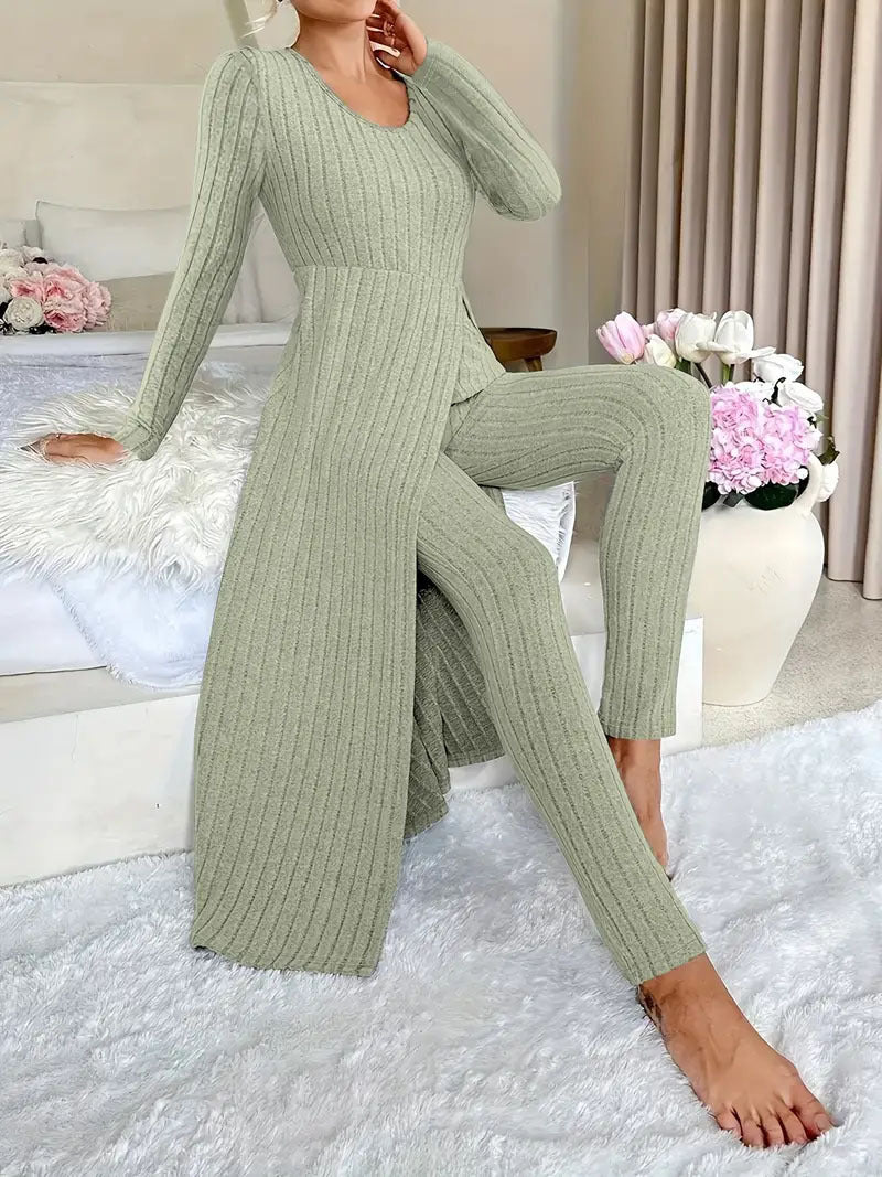 Heavyweight Fleece Lounge Set Women Oversized Long Sleeve Wide-Leg Pants Cozy Winter Two-Piece Ribbed Minimalist S-XL
