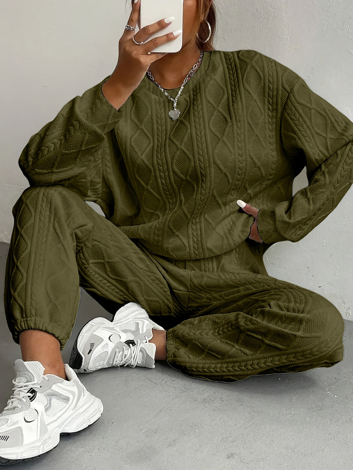 Jacquard Cable-Knit 2 Piece Set Women Round Neck Sweatshirt and Trousers Matching Outfit - Loose Fit Fall Winter Co-ord