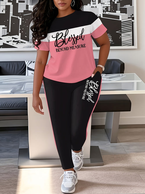 BLESSED Letter Print 2 Piece Outfit Women Color Block T-Shirt & Pocket Pants Set Casual Matching Loungewear Tracksuit Spring Summer