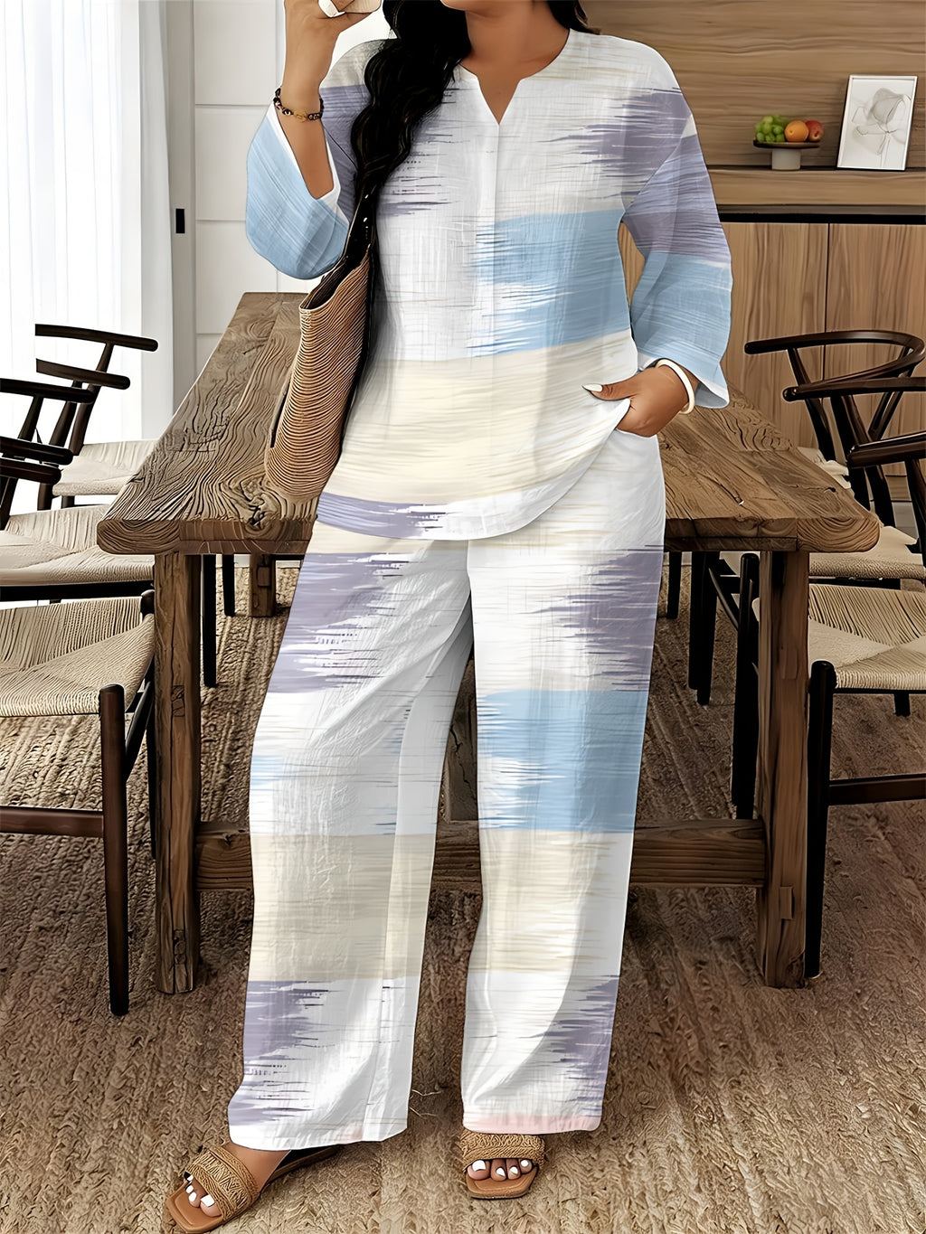 V-Neck Long Sleeve Printed Shirt Pants 2pcs Set Women Floral Digital Print Elastic Waist Casual Loungewear Spring Summer Two-Piece Outfit 15 Colors S-XXL