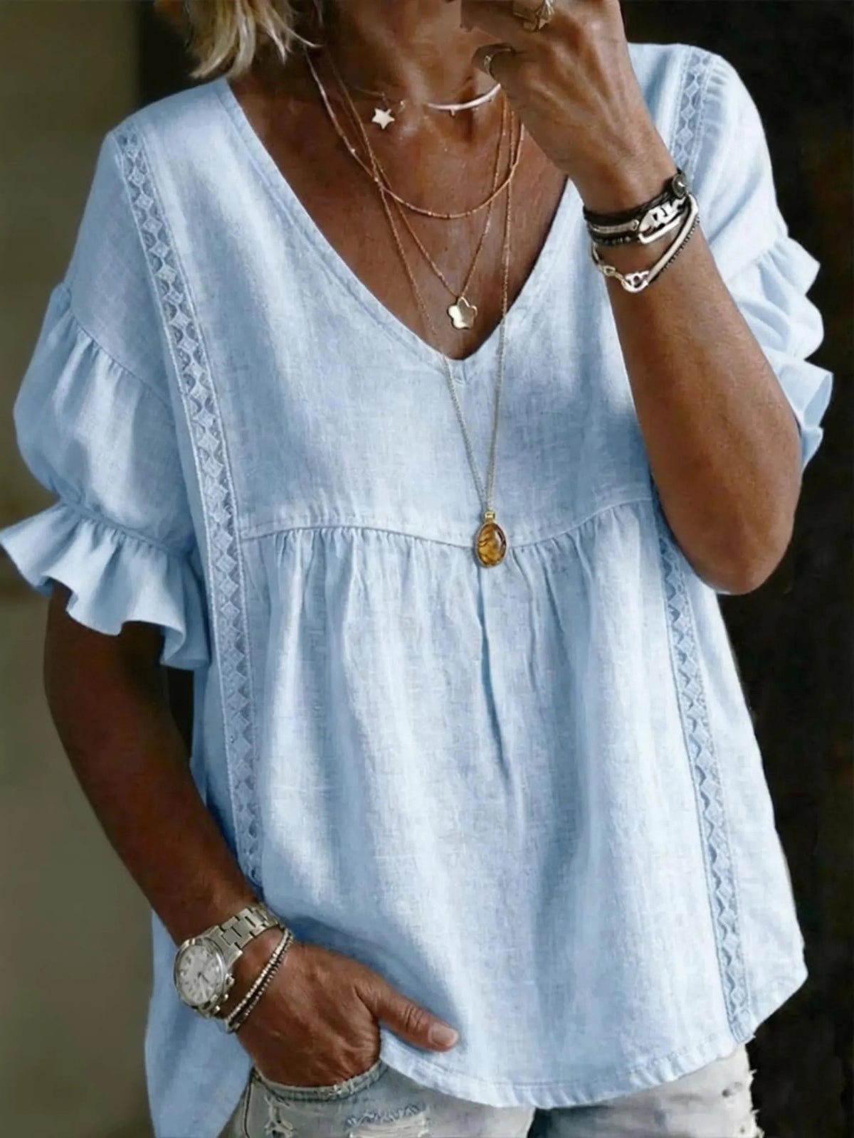 Boho Puff Sleeve Lace Trim Blouse Women V-Neck Ruffle Solid Color Casual Beach Night Out Elegant Flattering Top for Women