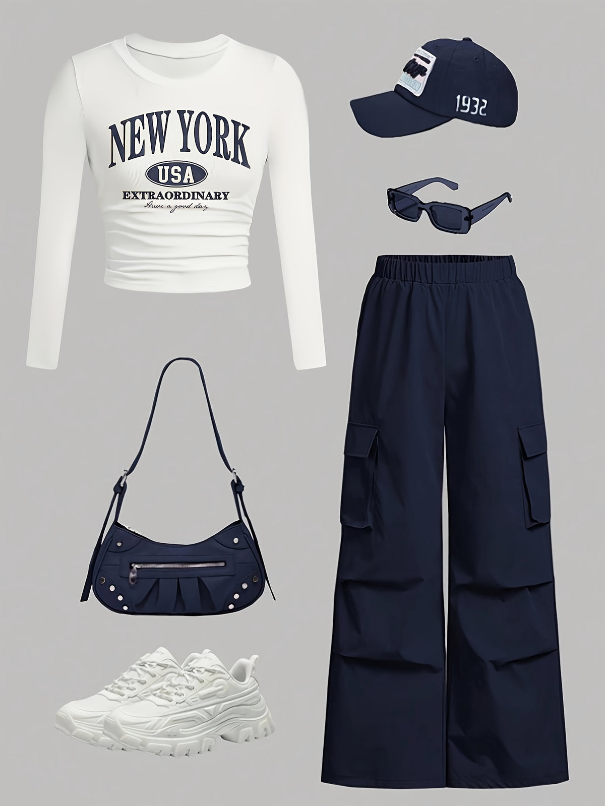 Alphabet Print 2 Piece Set Women Crew Neck Long Sleeve Top and Cargo Pants Elegant Casual Outfit - Soft Stretch Knit All Year Round Co-ord
