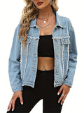 Women's Crop Fringe Denim Jacket Distressed Western Studded Black Trucker Jean Coat Silver Stud Long Sleeve Streetwear