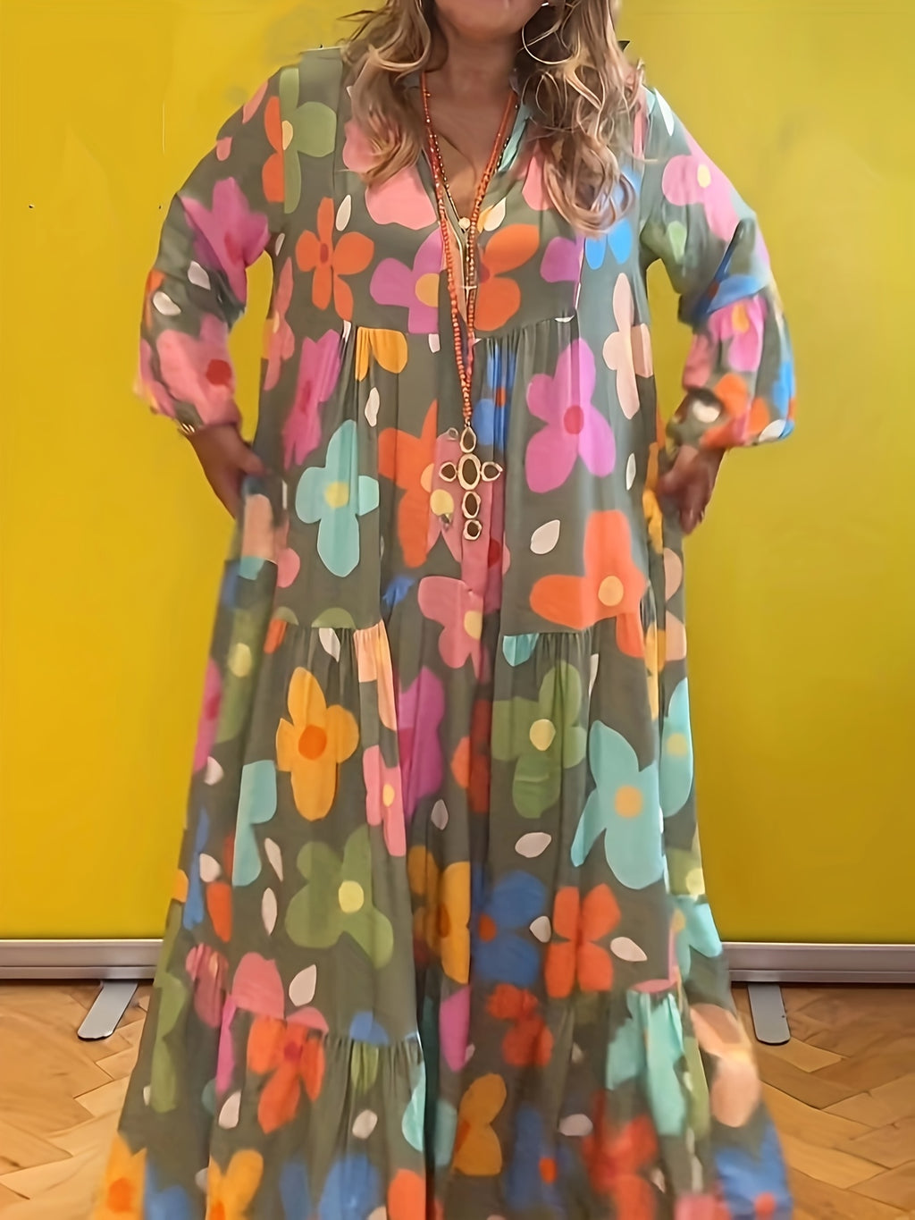 Floral Print Boho Maxi Dress Women V-Neck Layered Tiered Hem 3/4 Ruffle Sleeves Loose Fit Button Closure A-Line Long Dress Spring Summer S-XXL