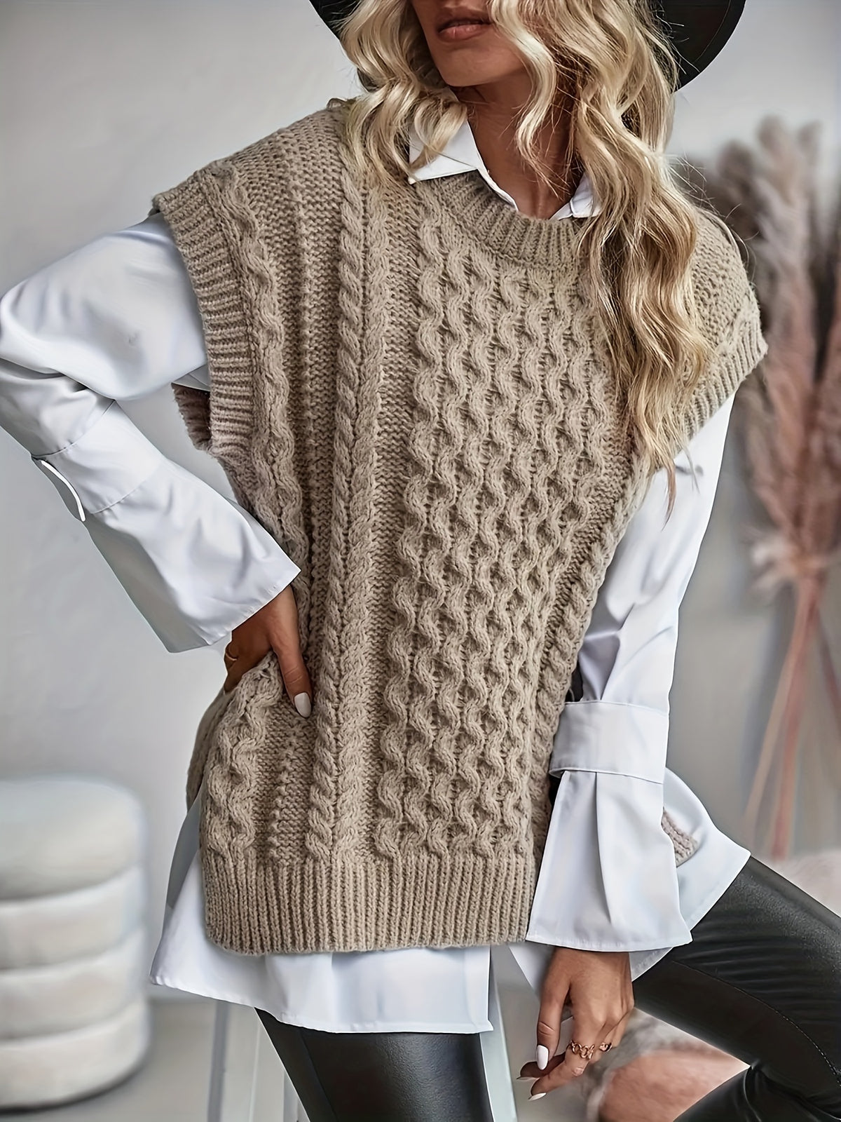 Cable Knit Sweater Vest Women Sleeveless Round Neck Slit Hem Solid Color Layering Top - Casual Semi-Formal Acrylic Knitwear Spring Summer Fall