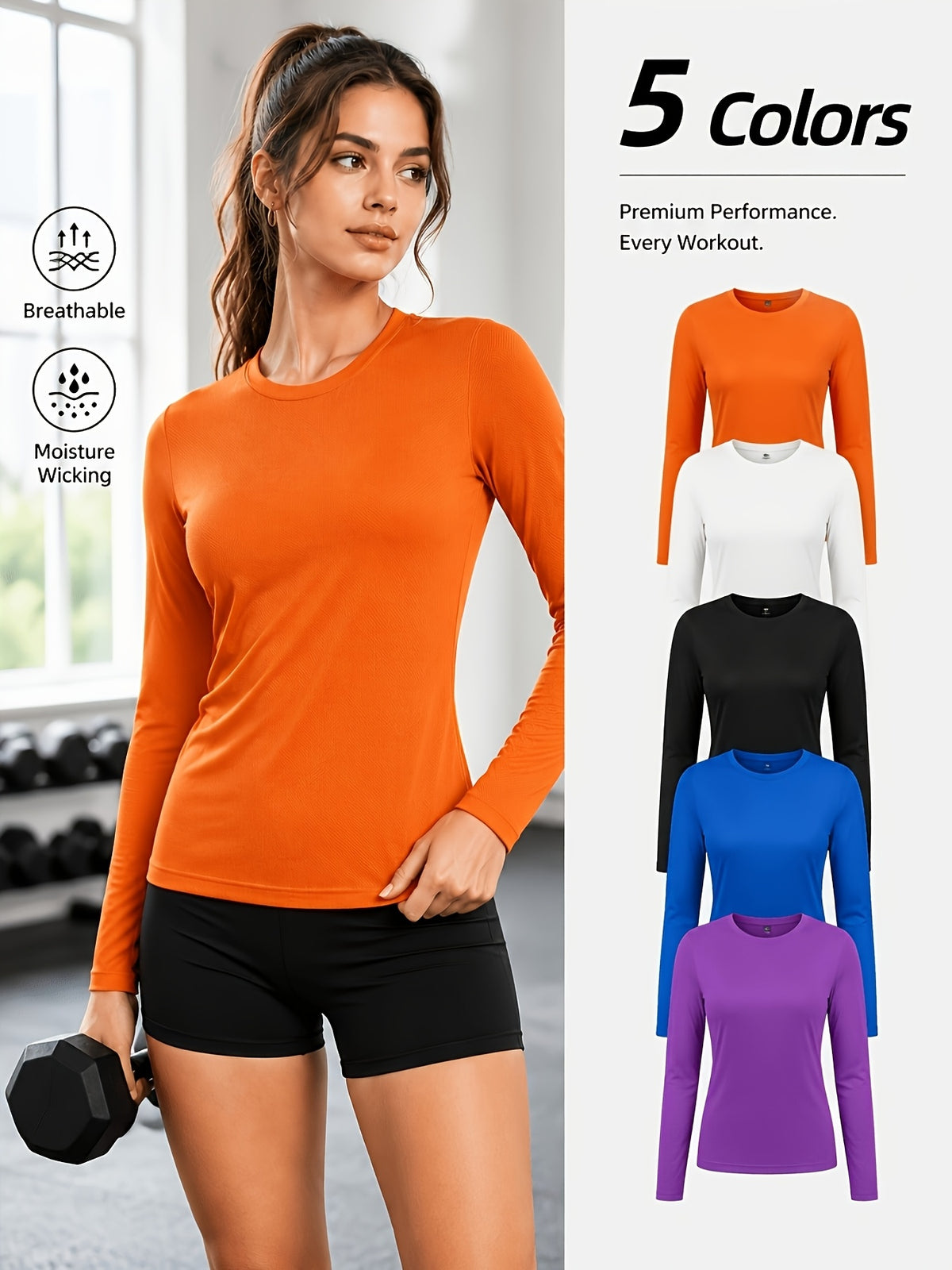 5-Pack Long Sleeve Women T-Shirts V-Neck Moisture-Wicking Breathable High Stretch Outdoor Solid Color Top Four Seasons Assorted Colors