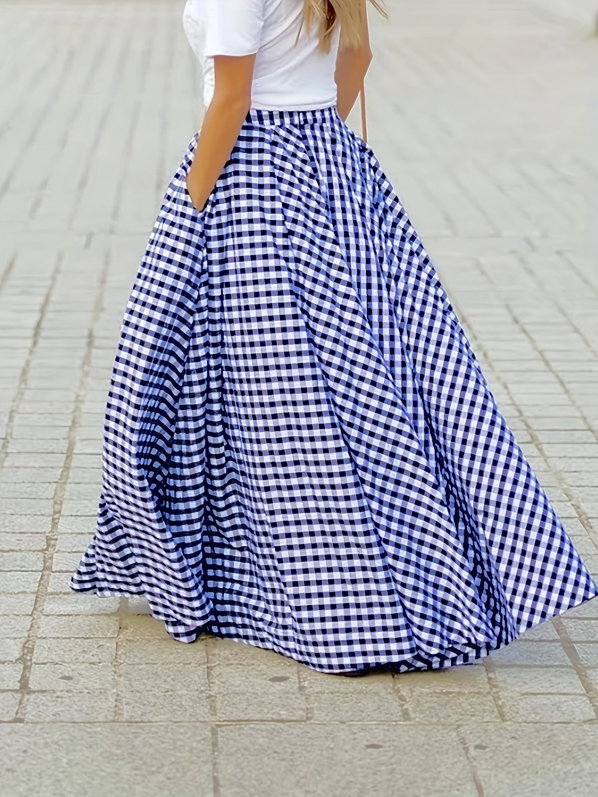 Plaid High Waist A-Line Midi Skirt for Women Checkered Woven Opaque Flowing Mid Length Skirt Spring Fall Casual Streetwear Blue White Black White S-XXL