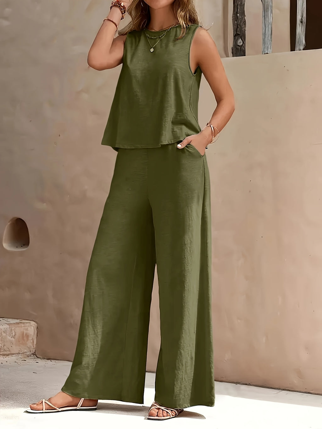 Red Sleeveless Top and Wide Leg Pants 2 Piece Set for Women – Solid Color Smooth Fabric Casual Elegant, Spring Summer, Sizes S-XXL