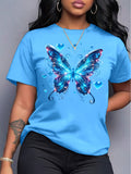Women's Butterfly Print T-Shirt Round Neck Short Sleeve Bowknot Heart Cutout Casual Top Sky Blue Purple S-XXL