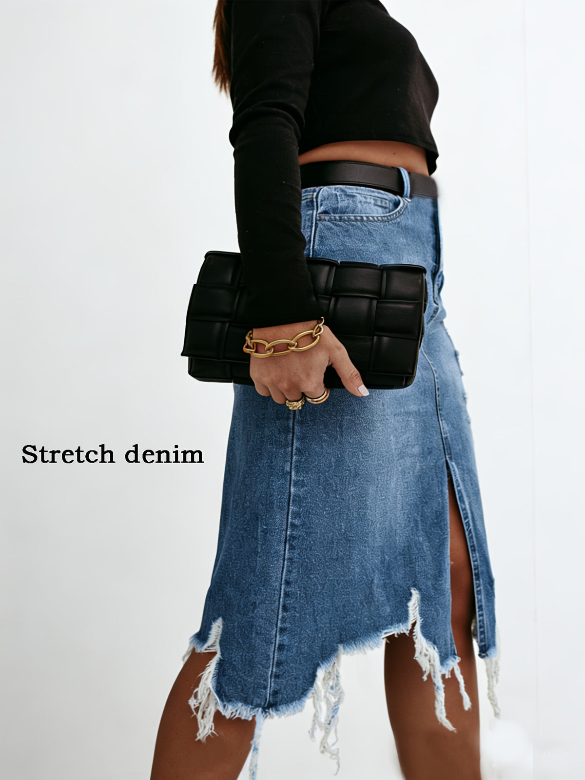 Women High Waist Distressed Denim Midi Skirt Stretch Washed Fringe Hem Ripped Asymmetrical Medium Blue S-XXL