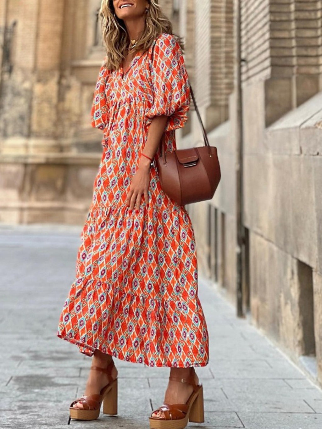 Boho Floral Puff Sleeve Maxi Dress Women V-Neck Lantern Sleeve Loose Long Dress Geometric Floral Print Lightweight Summer Dress S-XXL