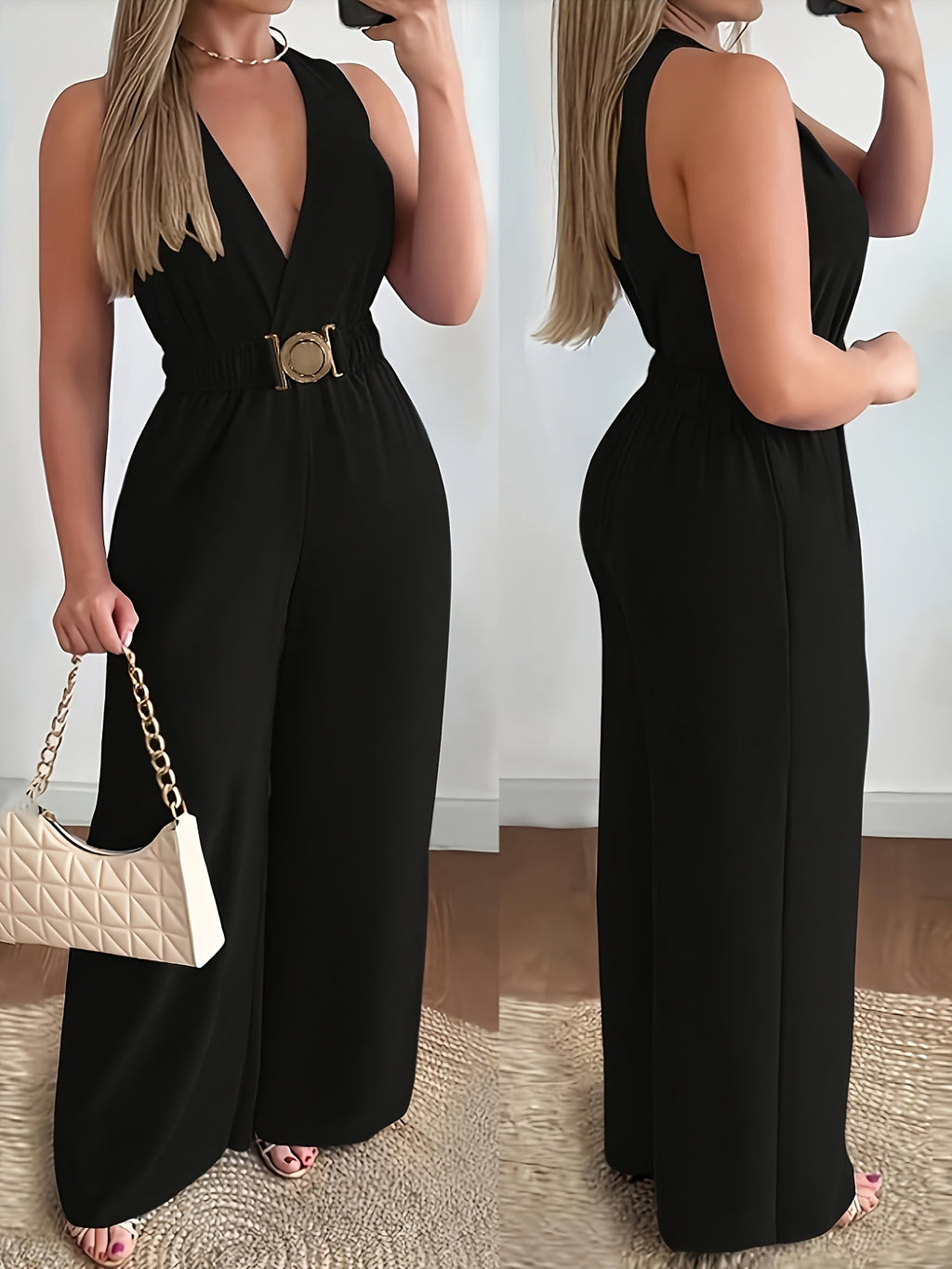 Women's Elegant V-Neck Metallic Buckle Waistband Wide-Leg Jumpsuit Business Attire Graduation Travel Formal Occasion