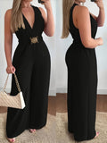 Women's Elegant V-Neck Metallic Buckle Waistband Wide-Leg Jumpsuit Business Attire Graduation Travel Formal Occasion