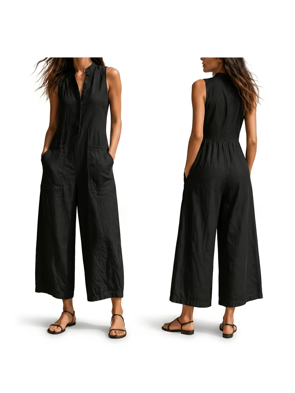 Black Sleeveless Wide Leg Jumpsuit for Women, Elegant Minimalist Stand Collar Linen Texture Loose One Piece, Spring Summer Commute Casual High End Lazy Style Romper