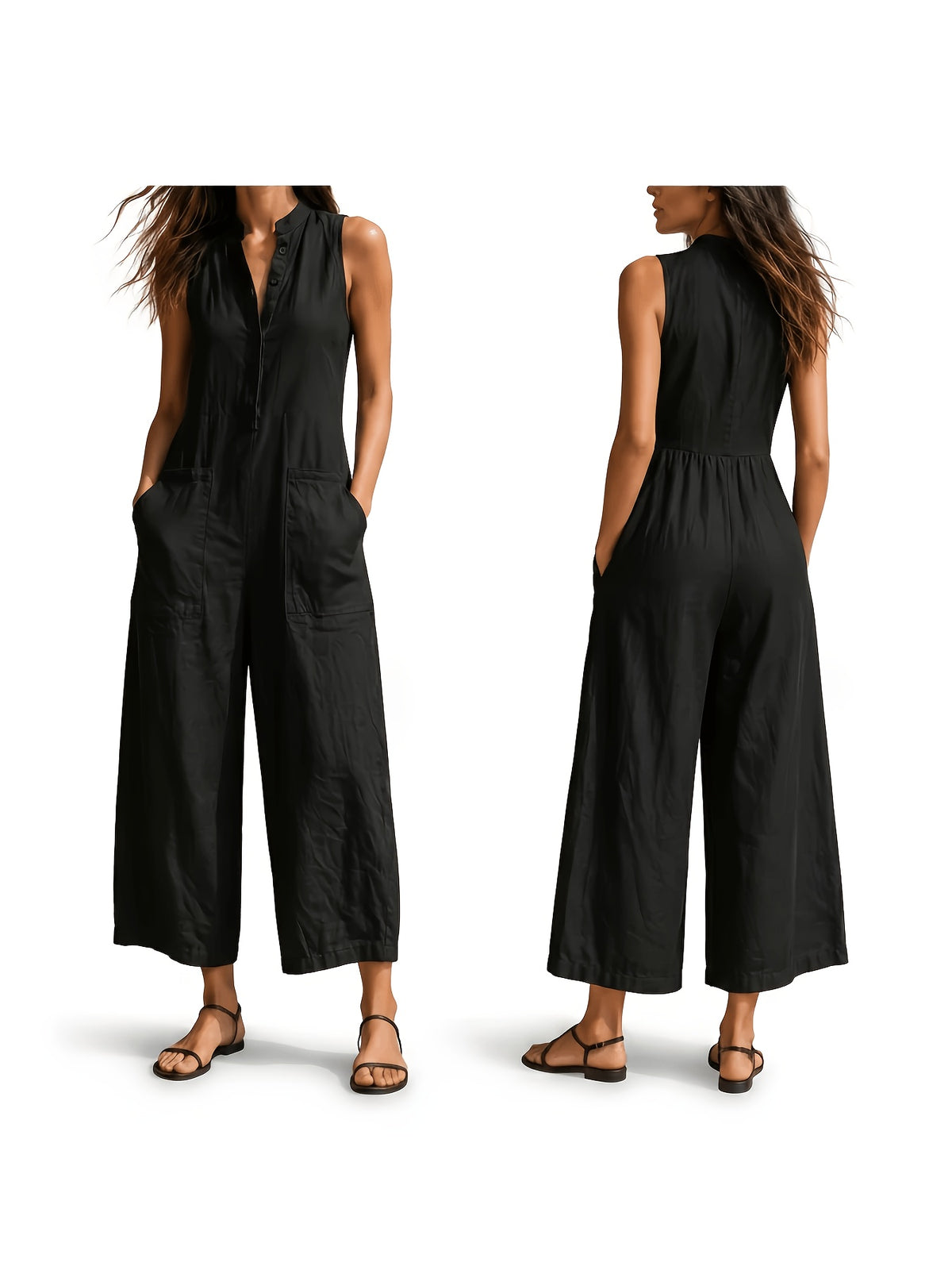 Black Sleeveless Wide Leg Jumpsuit for Women, Elegant Minimalist Stand Collar Linen Texture Loose One Piece, Spring Summer Commute Casual High End Lazy Style Romper