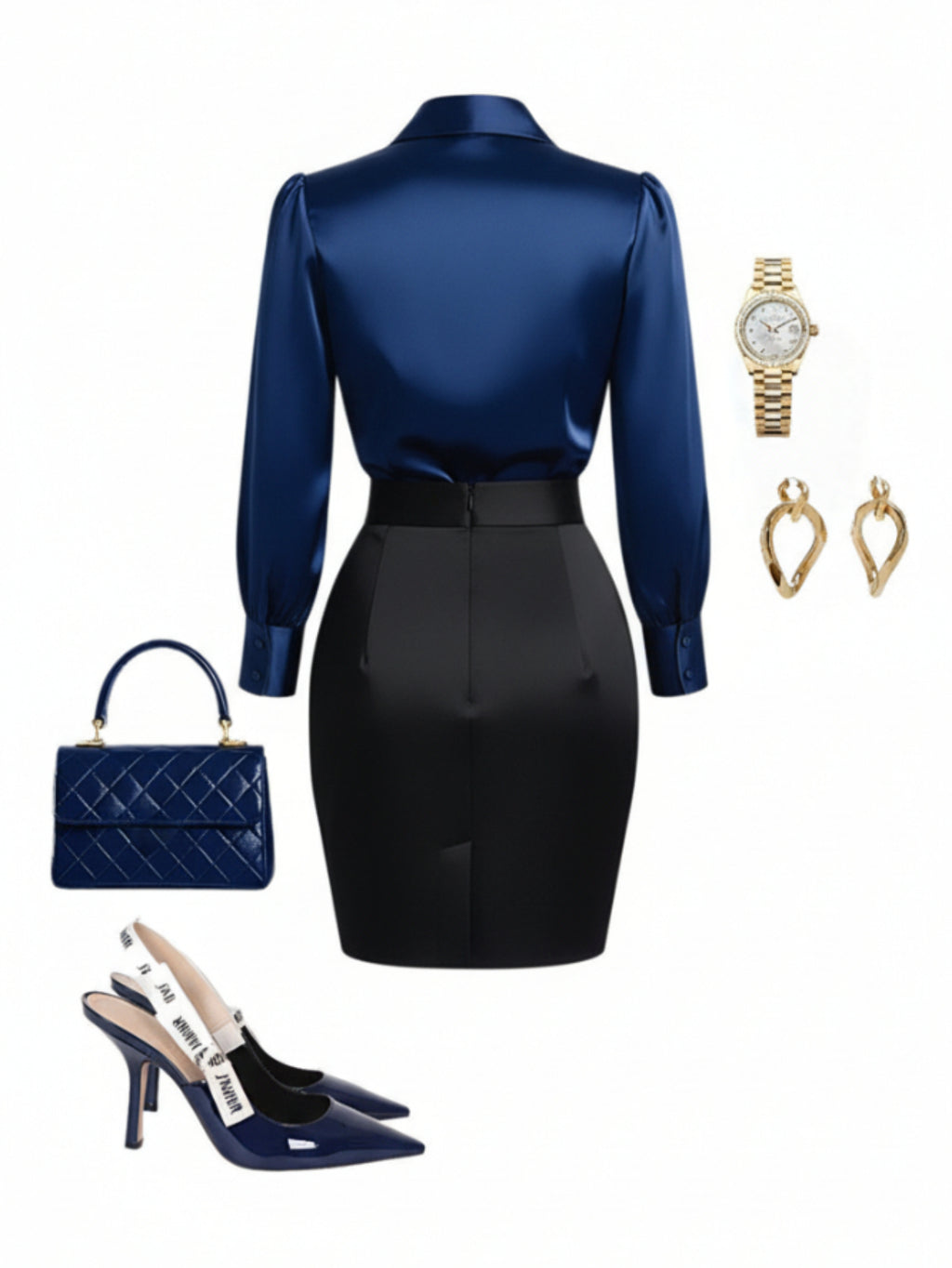 Navy Collared Shirt Black Pleated Pencil Skirt 2pcs Set Women Retro Elegant Office Commuter Business Casual Spring Fall Two-Piece Outfit S-XXL