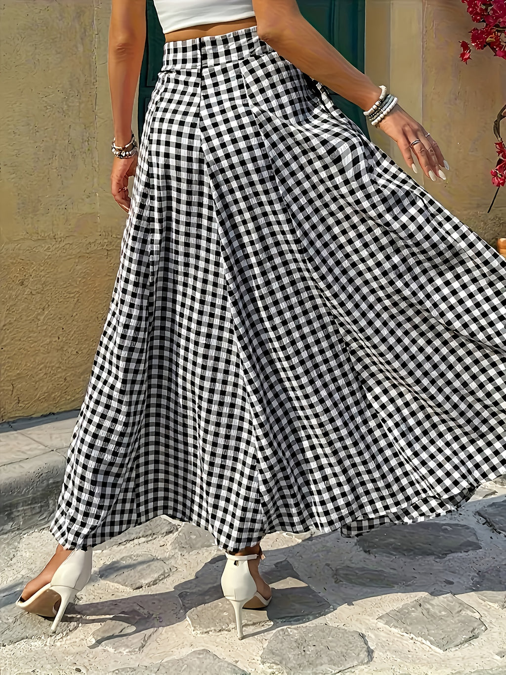 Plaid High Waist A-Line Midi Skirt for Women Checkered Woven Opaque Flowing Mid Length Skirt Spring Fall Casual Streetwear Blue White Black White S-XXL