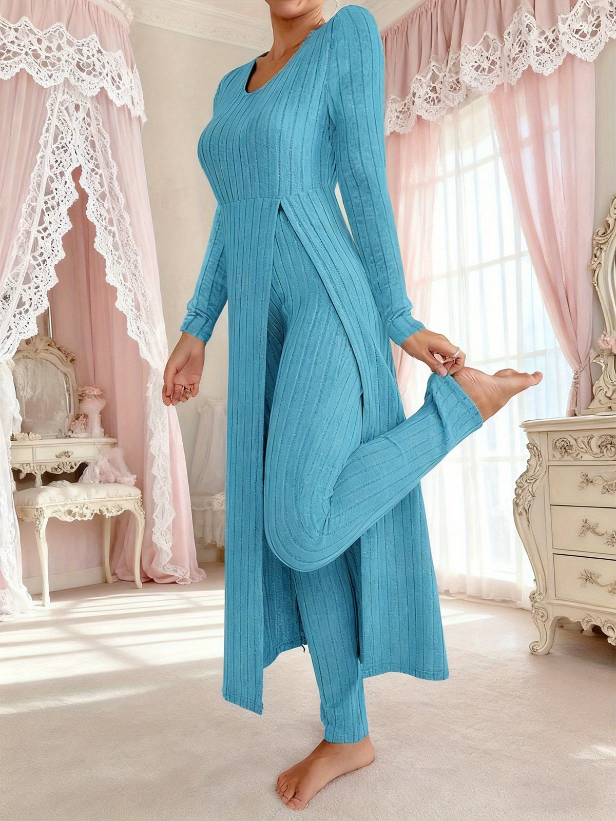 Heavyweight Fleece Lounge Set Women Oversized Long Sleeve Wide-Leg Pants Cozy Winter Two-Piece Ribbed Minimalist S-XL