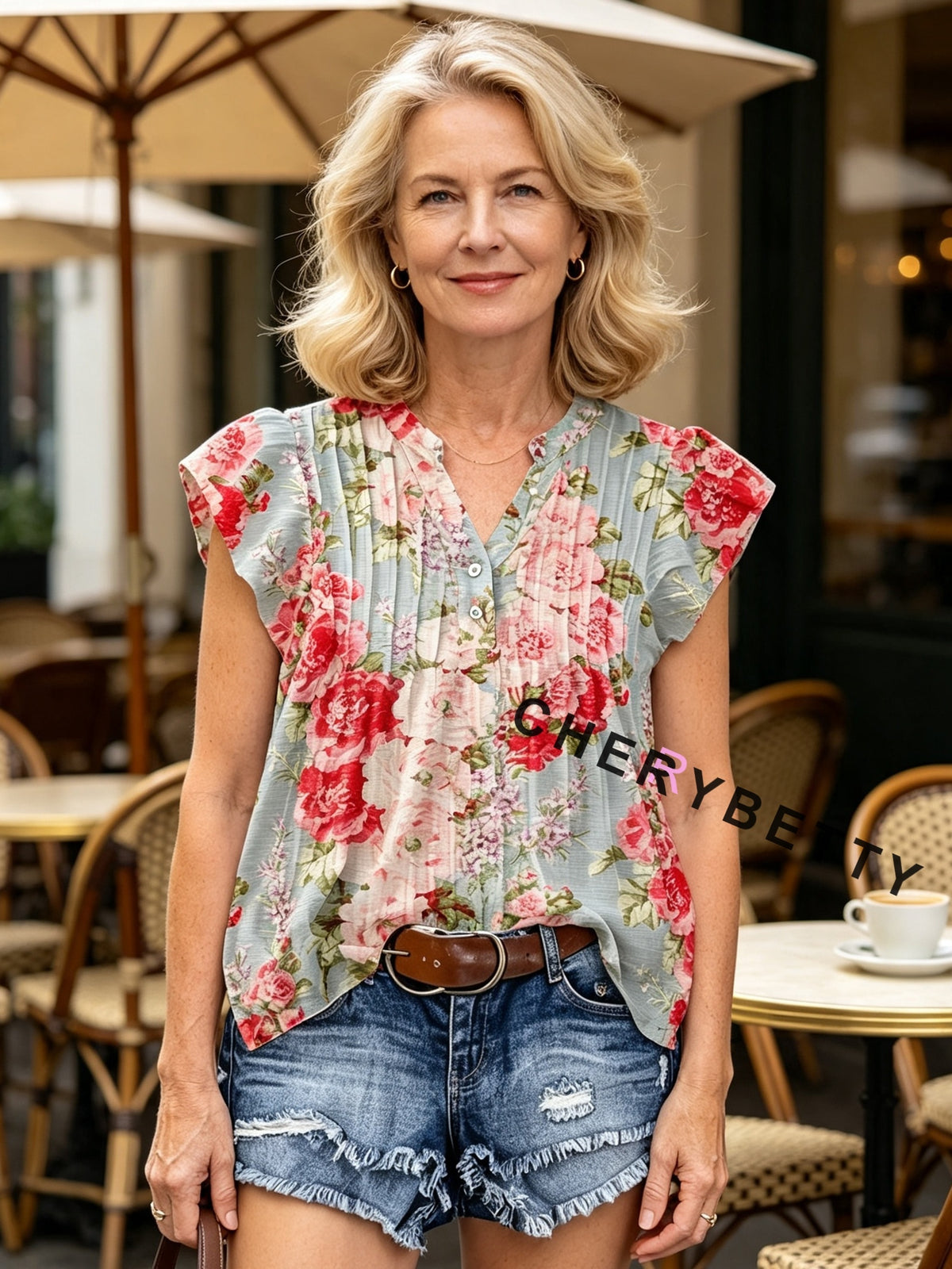 Flutter Sleeve Floral Blouse Women Elegant Chic Casual Summer Top Pink Gray Red Print Lightweight Spring S-XXL