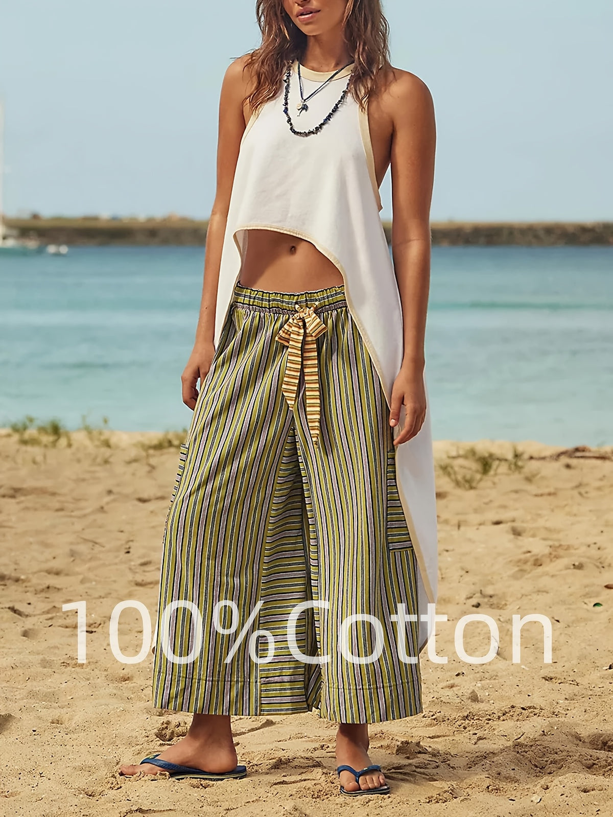 Striped Wide Leg Pants for Women – Horizontal Stripe Elastic Drawstring Waist Side Pockets, Casual Lounge Trousers Machine Washable Spring Summer Warm Weather Airy Comfortable Bottoms S-XXL
