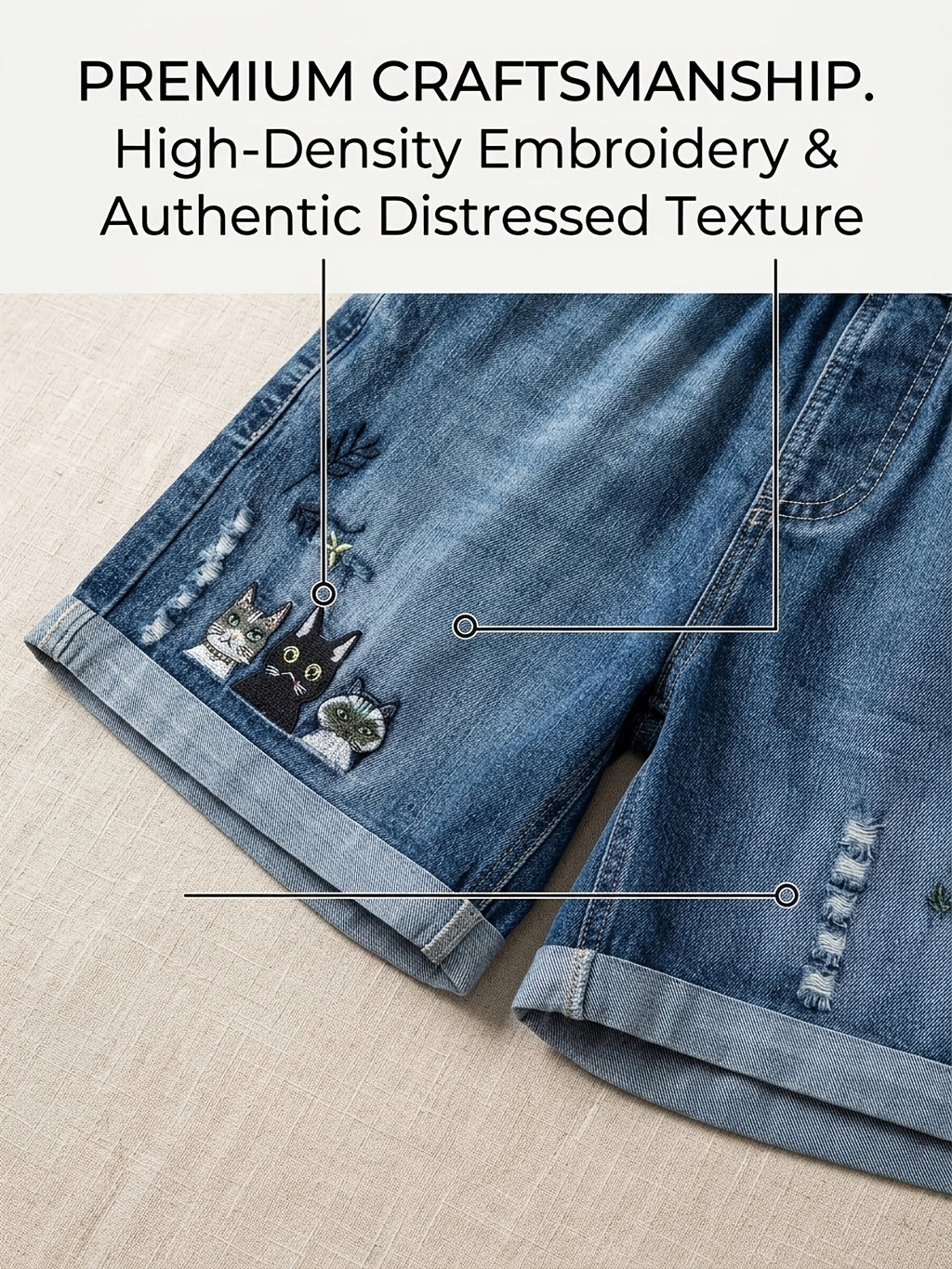Cat Embroidered Denim Shorts for Women - Loose Fit Elastic Drawstring Waist, Wide Leg Casual Jean Shorts with Pockets, Cute Streetwear Style for Summer