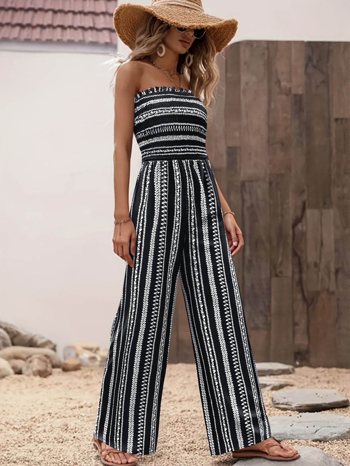Strapless Striped Wide-Leg Jumpsuit Women Black White Smocked Tube Top Casual Loose Summer Vacation Romper S-XXL