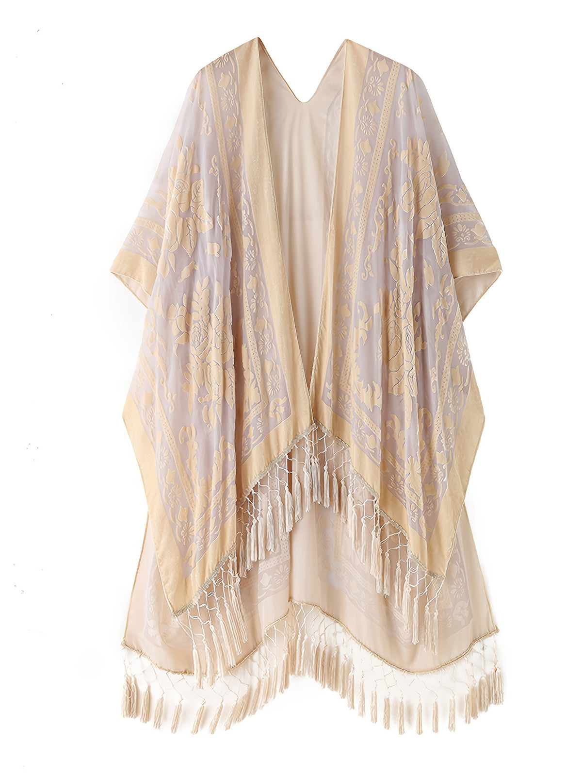 Boho Burnout Velvet Kimono Women Long Cardigan Cover Up Tassel Floral Embroidered One Size