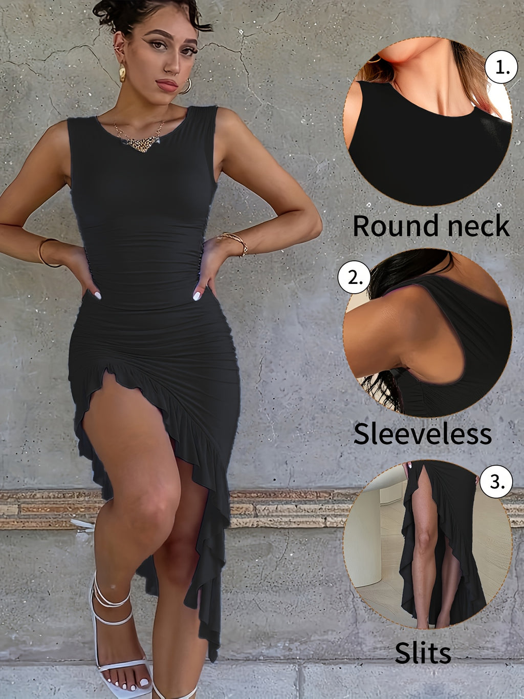Women's Sleeveless A-Line Fishtail Dress Round Neck Side Pleated Lace Opening Casual Spring Summer Dress
