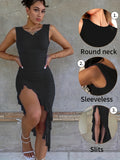 Women's Sleeveless A-Line Fishtail Dress Round Neck Side Pleated Lace Opening Casual Spring Summer Dress