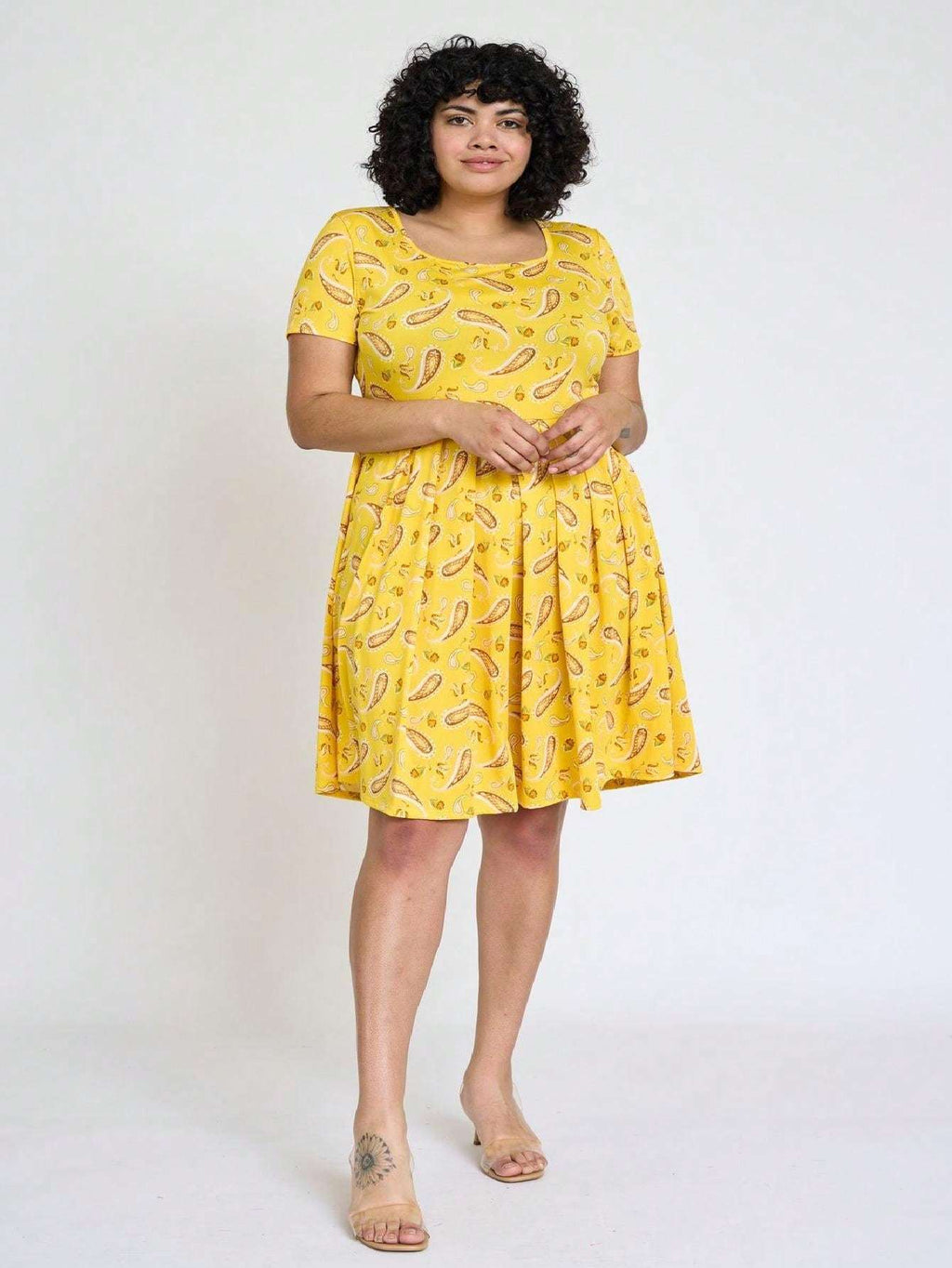 Paisley Floral Swing Dress Women Chevron Stripe Patchwork Pleated Square Neck Elastic Waist Midi Casual Plus Size S-3X