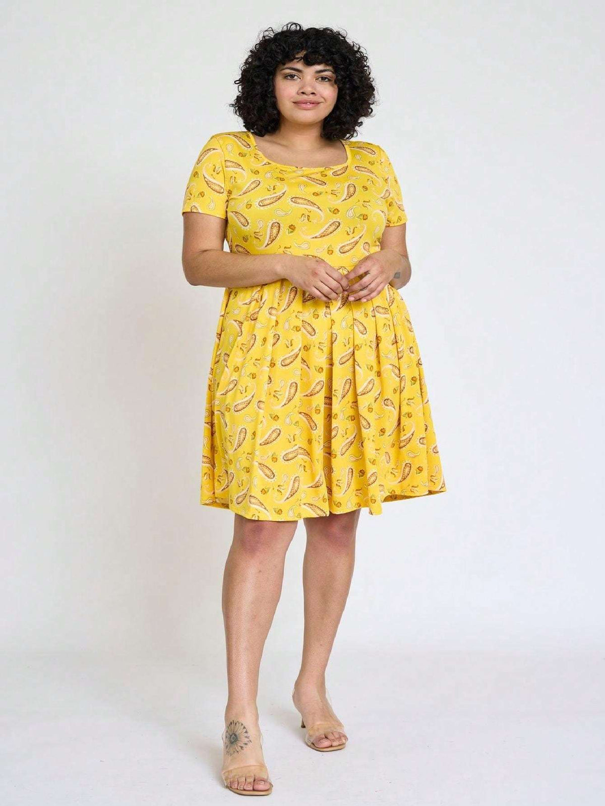Paisley Floral Swing Dress Women Chevron Stripe Patchwork Pleated Square Neck Elastic Waist Midi Casual Plus Size S-3X