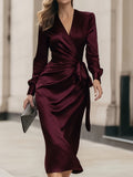 Satin Wrap Dress Women V-Neck Long Sleeve Tie Waist Fitted Party Wedding Dress Rich Purple Fall Winter Formal Dress S-XXL