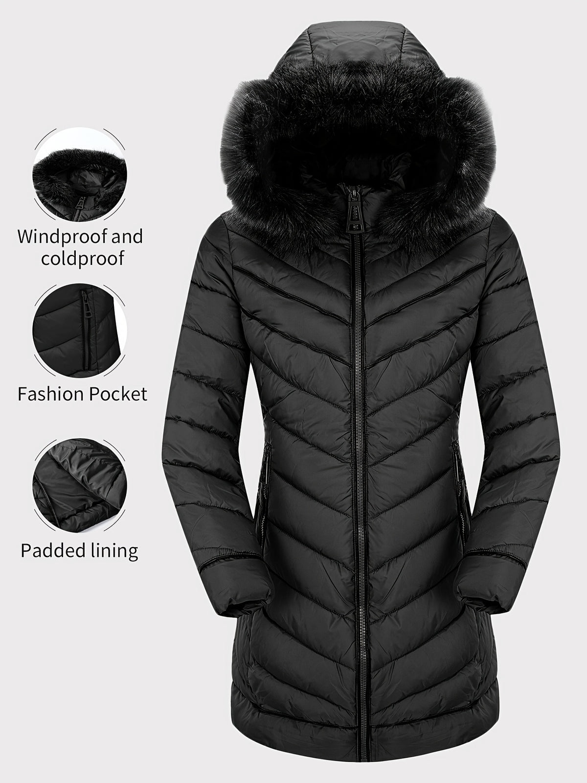 Zip-Up Faux Fur Trim Hoodie Puffy Coat Women Thermal Mid-Length Winter Coat Casual Long Sleeve S-XXL