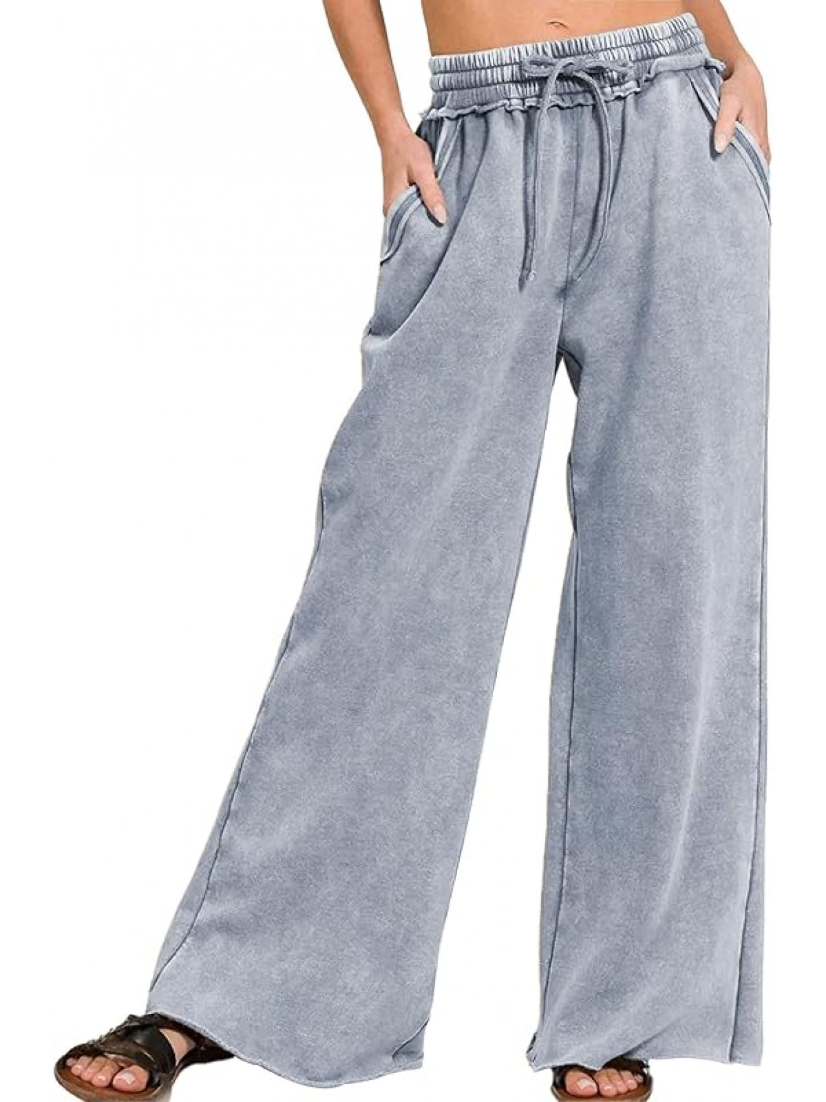 Acid Wash Palazzo Sweatpants Women High Waist Drawstring Wide Leg Pants Pockets Black Blue Sage Green