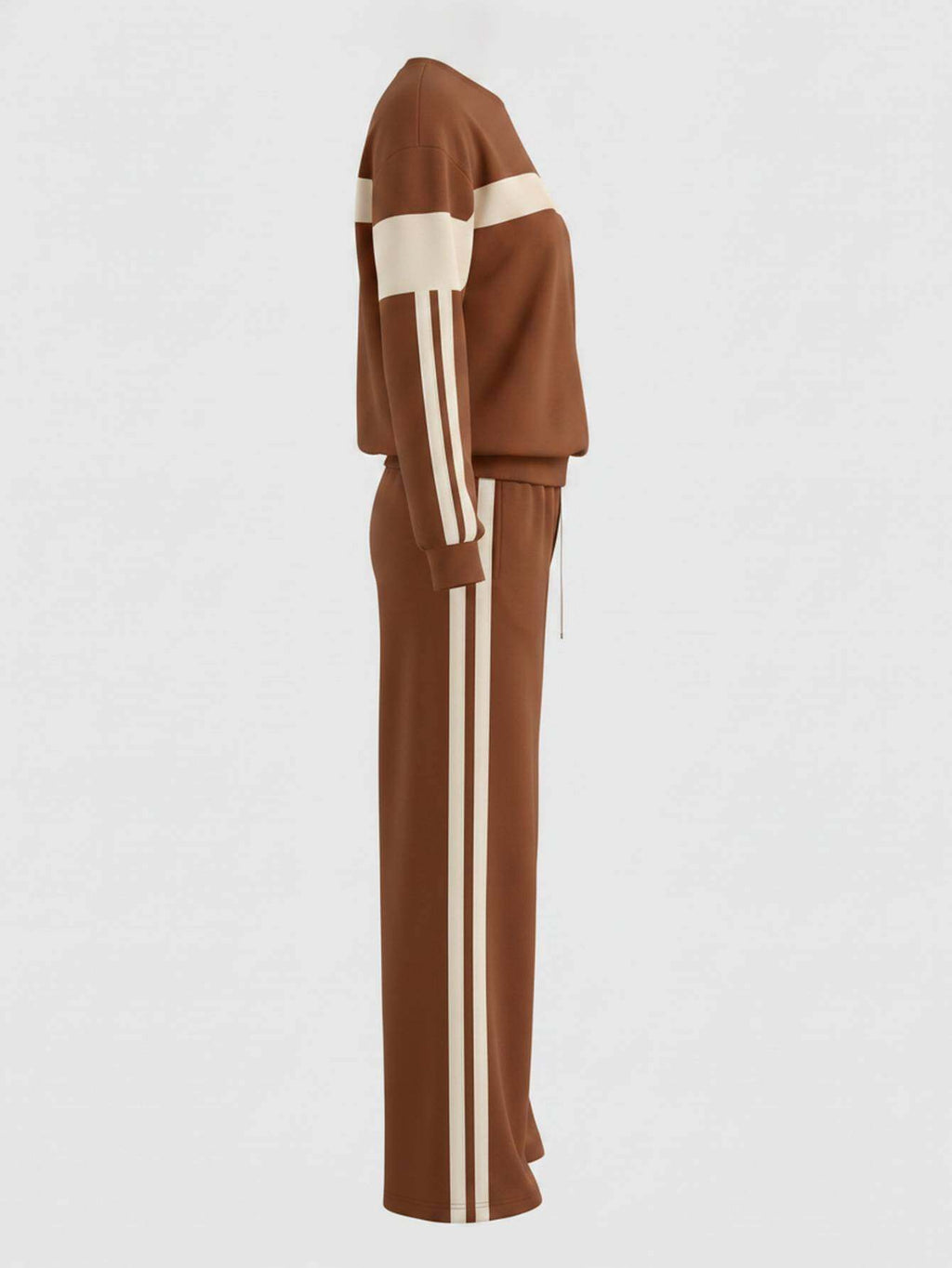 Color Block Stripe Sweatshirt & Wide Leg Pants Set Women Caramel Brown Crewneck Drawstring Retro 2pcs Outfit | Fall Winter