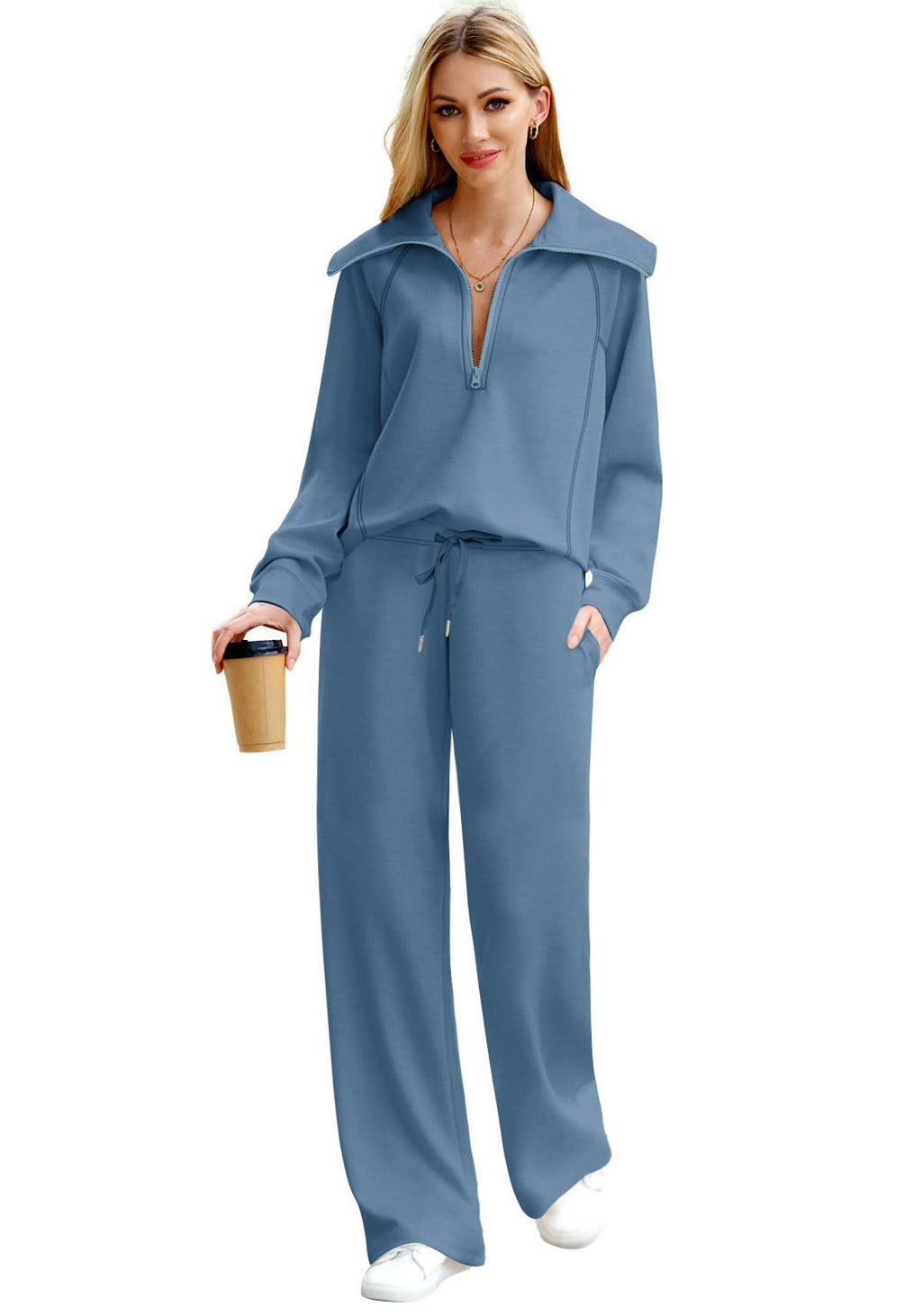 Zipper Sweatshirt Wide-Leg Pants 2 Piece Set Women Casual Tracksuit Outfit for Spring Fall - Loose Fit Jogger Co-ord Set