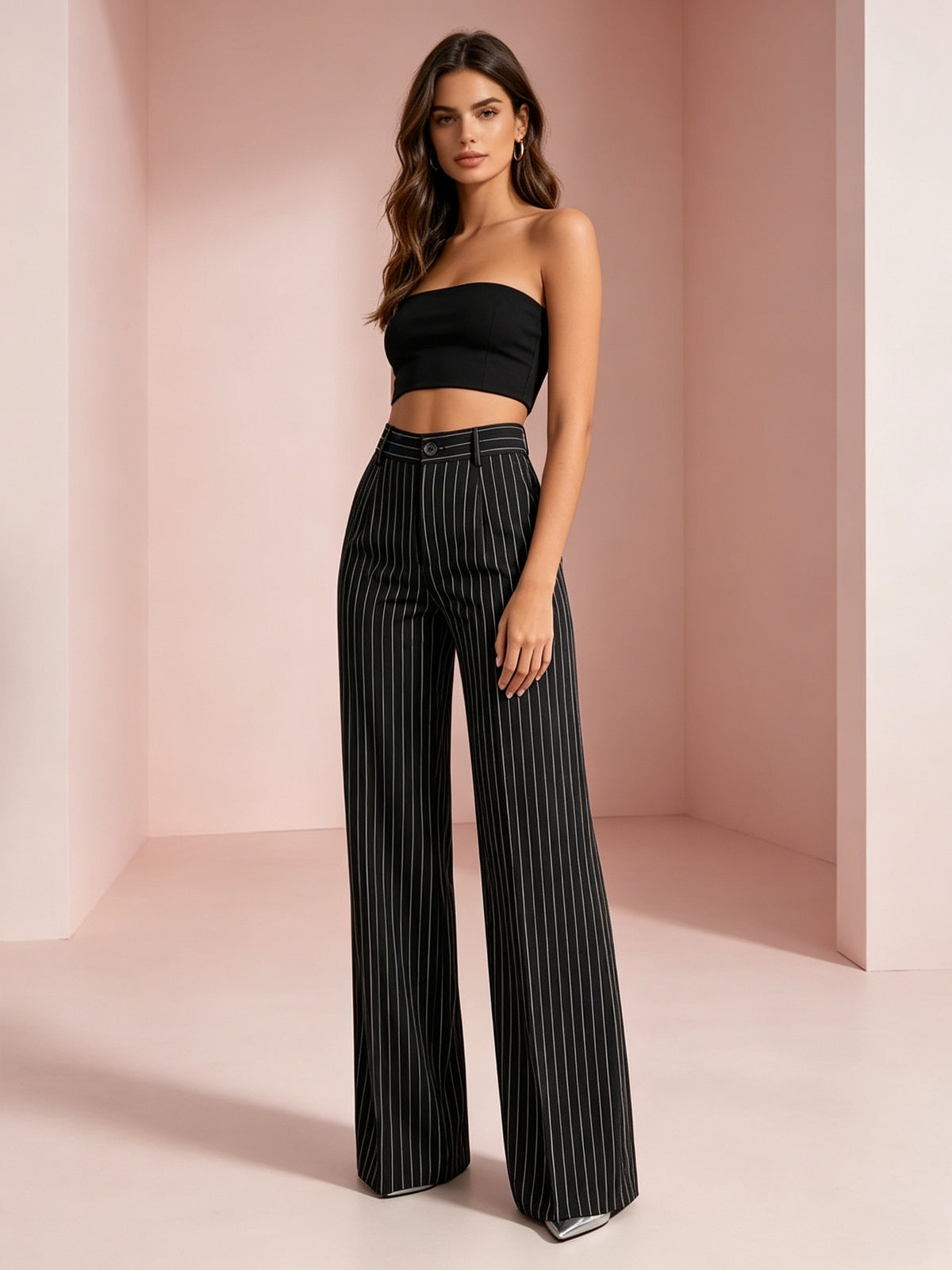 Striped Wide Leg Pants 2 Piece Set Women - High Waist Loose Fit Elegant Casual Outfit with Asymmetrical Pockets, All Season Polyester Machine Washable Work & Daily Fashion Set