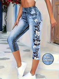 Women's High Waist Capri Leggings Imitation Denim Floral Print Stretch Elastic Waistband Casual Tights Blue Jeans Look Fashion Bottoms