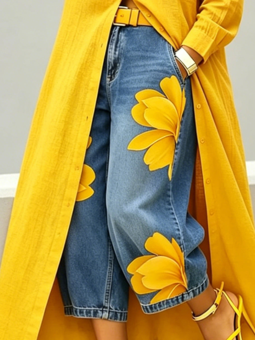 Floral Print Denim Wide Leg Pants Women Loose Fit Summer Casual Comfortable Boho Beach Trousers S-XXL