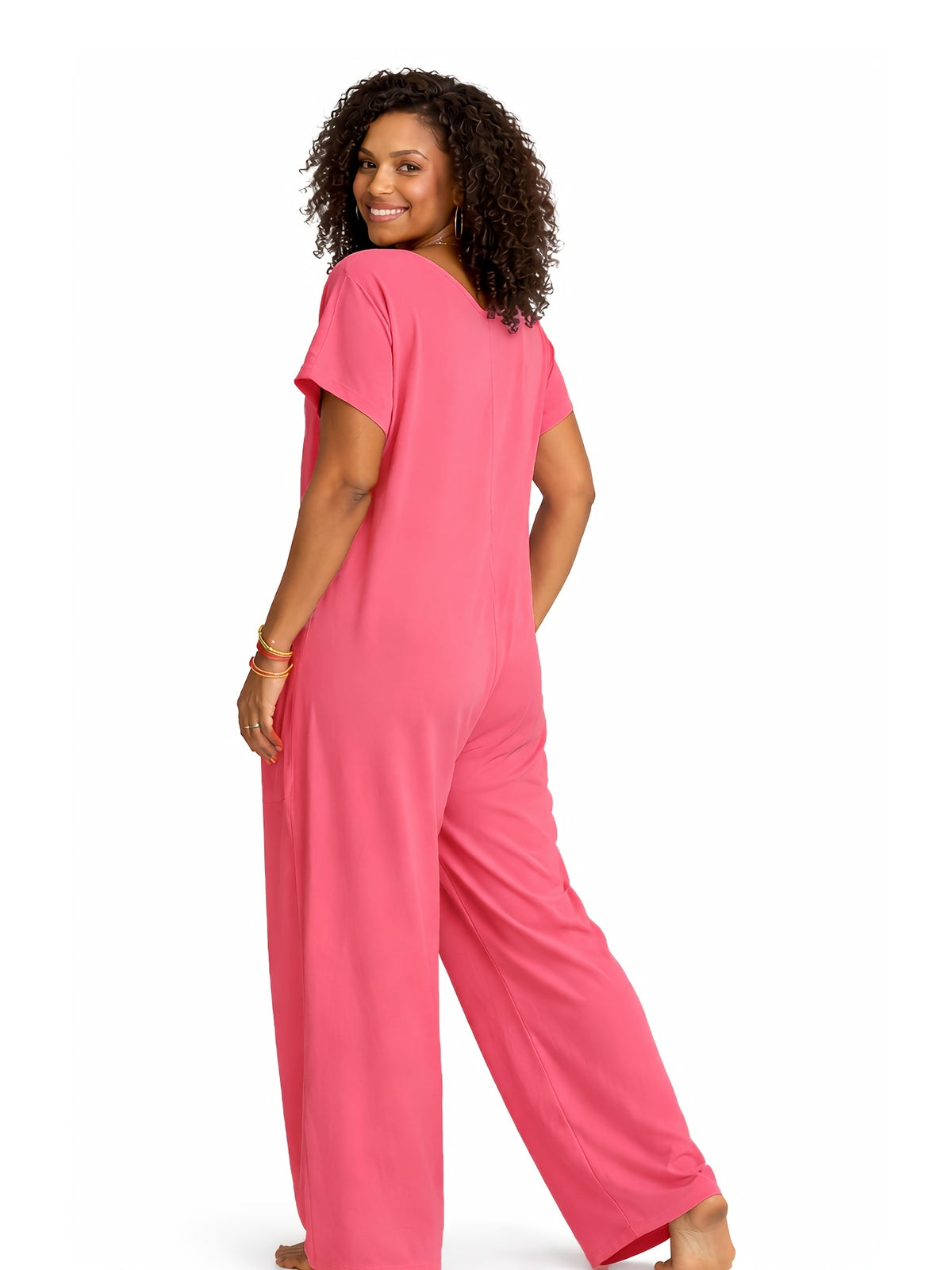 Oversized Loose Jumpsuit for Women with Pockets, V-Neck Short Sleeve Lightweight Casual One Piece, Solid Color Everyday Romper for Spring Summer Fall, Machine Washable