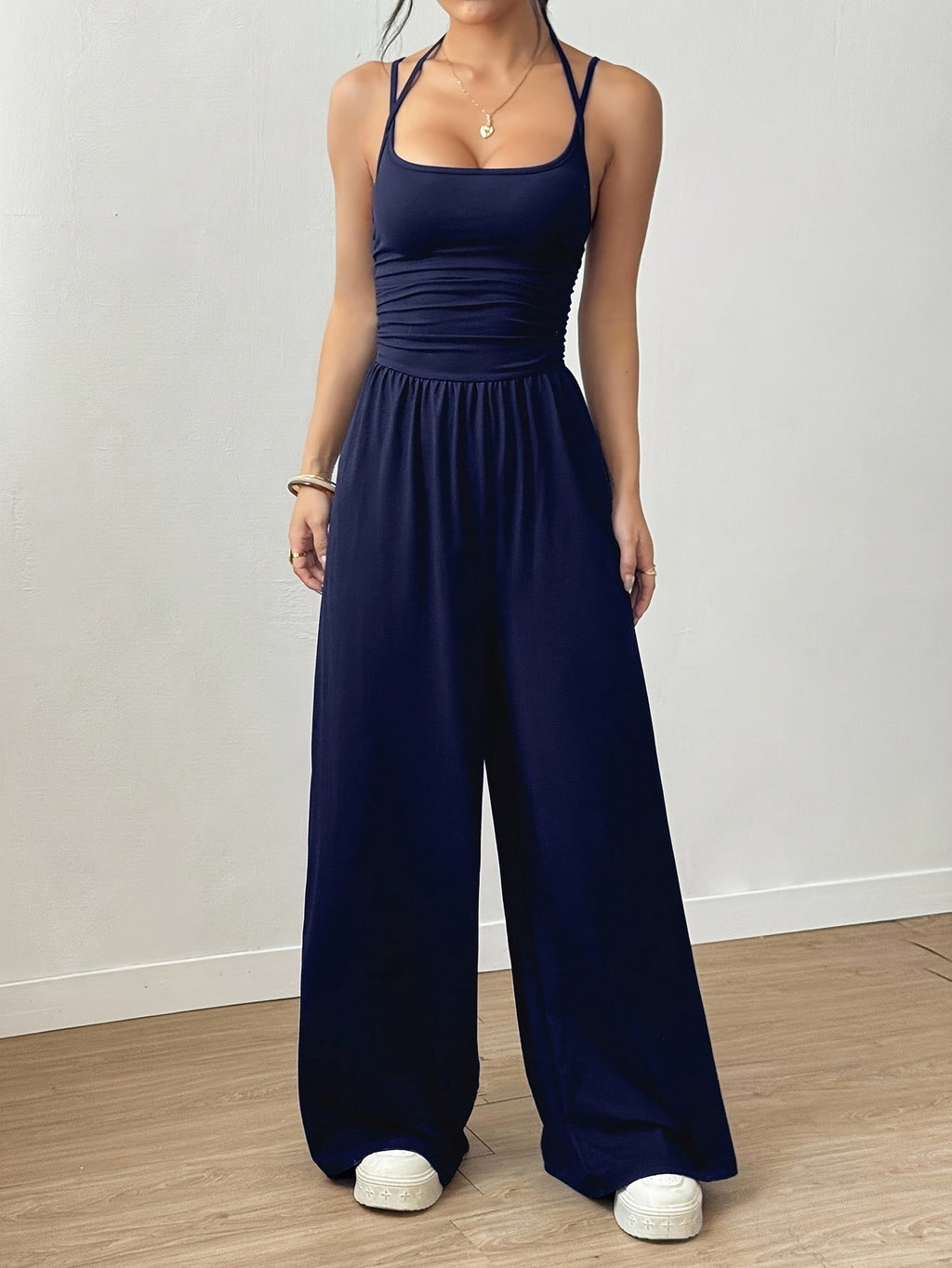 Pleated Loose Fit Jumpsuit Women Casual Wide Leg One Piece Outfit Spring Summer Light Grey Navy S-XL
