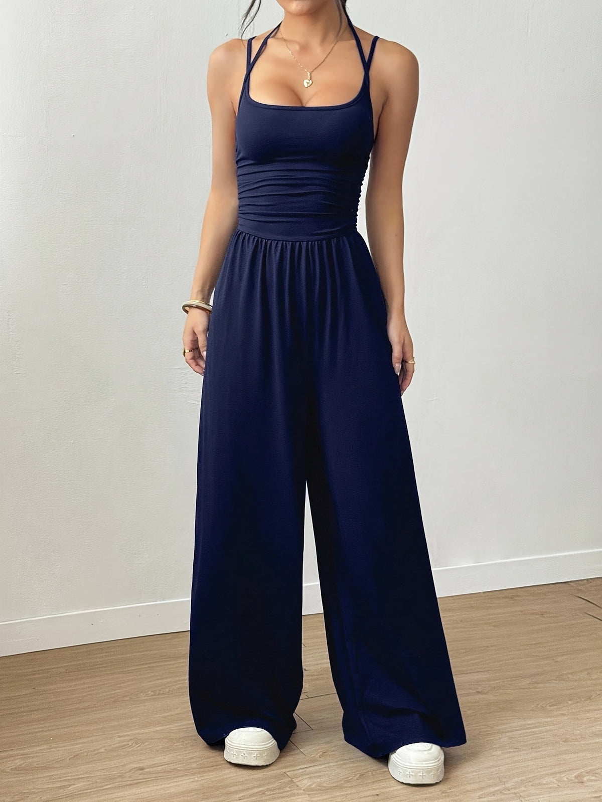 Pleated Loose Fit Jumpsuit Women Casual Wide Leg One Piece Outfit Spring Summer Light Grey Navy S-XL