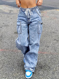 Women's Loose Fit Drawstring Denim Jeans Multi-Pocket Casual Workwear Trousers Versatile Style