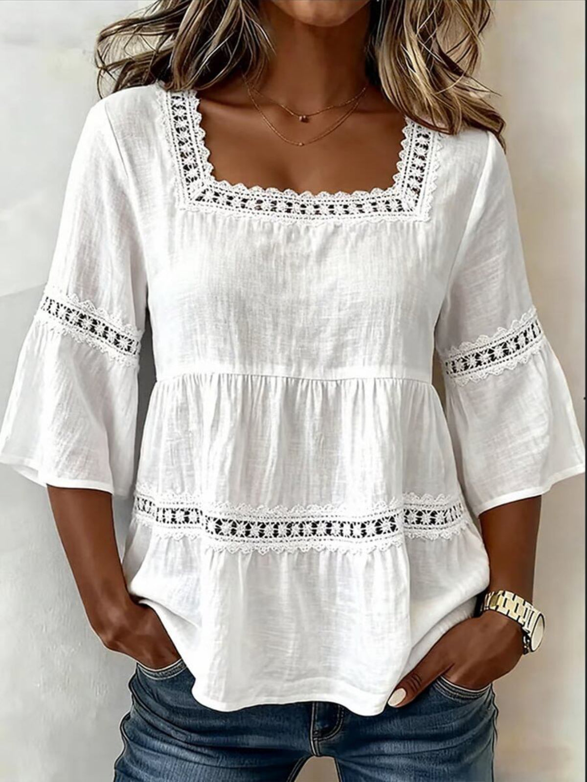 Square Neck Lace Panel Linen Blouse Women 3/4 Bell Sleeve Loose Fit Breathable Summer Vacation Top S-XL