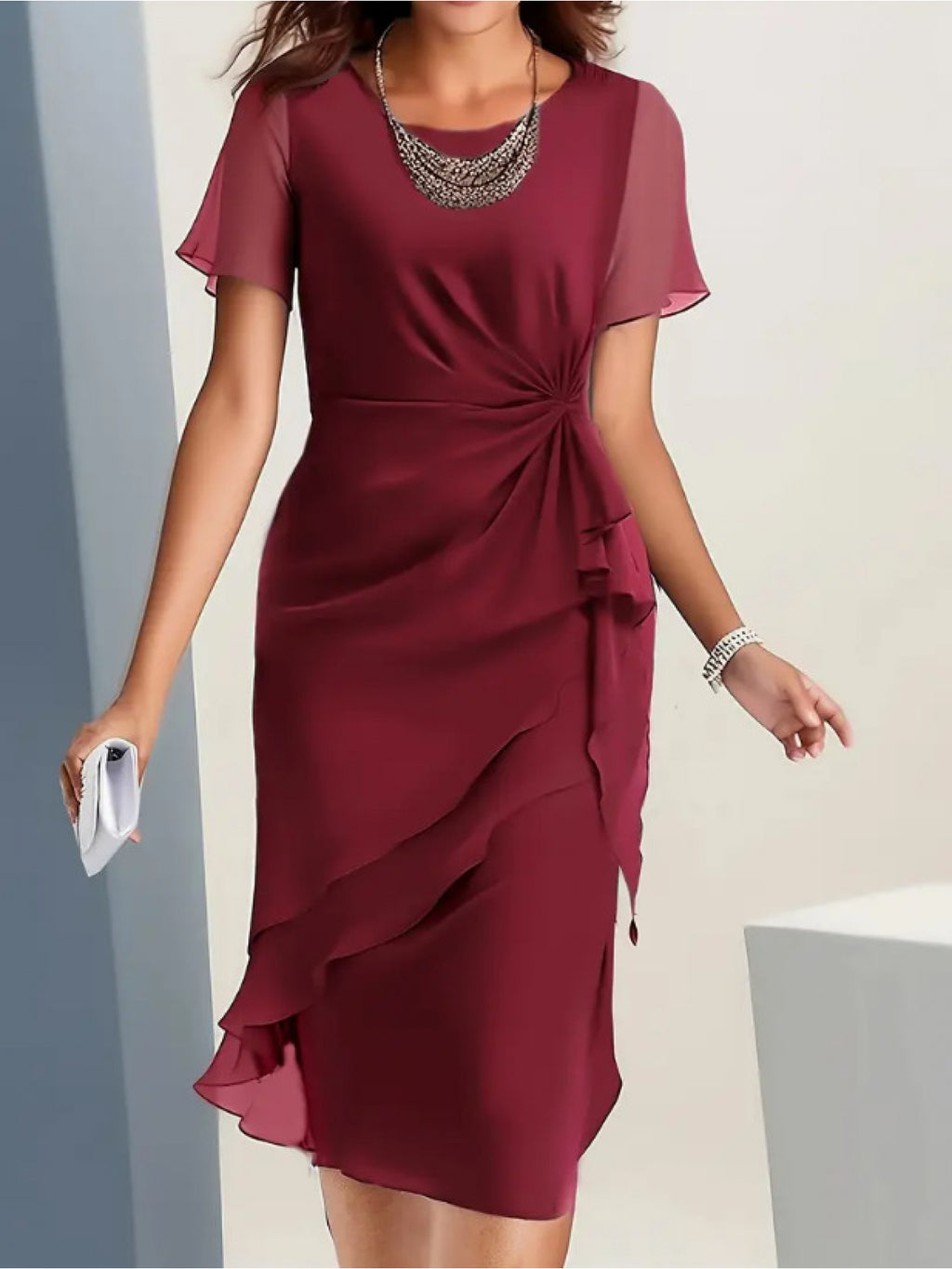 Chiffon Patchwork Dress for Women Slim Fit Round Neck Waist Twist Asymmetrical Ruffle Hem Wedding Guest Evening Party
